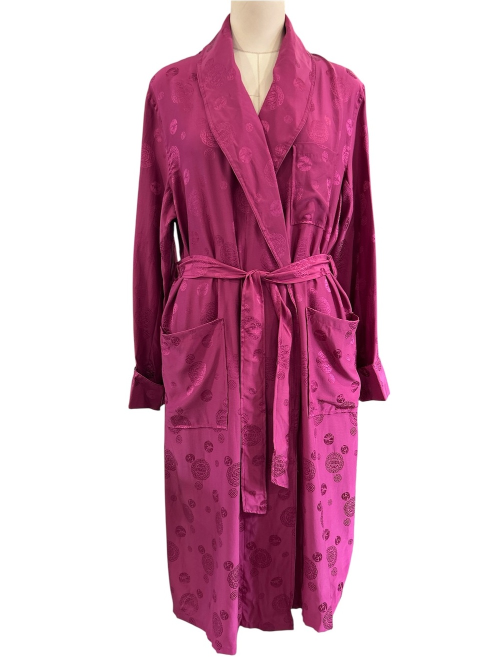 Vintage Bill Blass 100% silk Chinese motif brocade smoking robe magenta Sz M